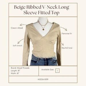 Beige Ribbed V-Neck Long Sleeve Top